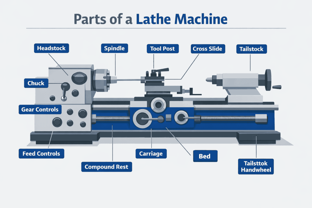 Lathe Machine with Parts of a Lathe Machine clearly labelled.