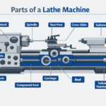 Lathe Machine with Parts of a Lathe Machine clearly labelled.