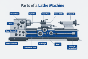 Lathe Machine with Parts of a Lathe Machine clearly labelled.