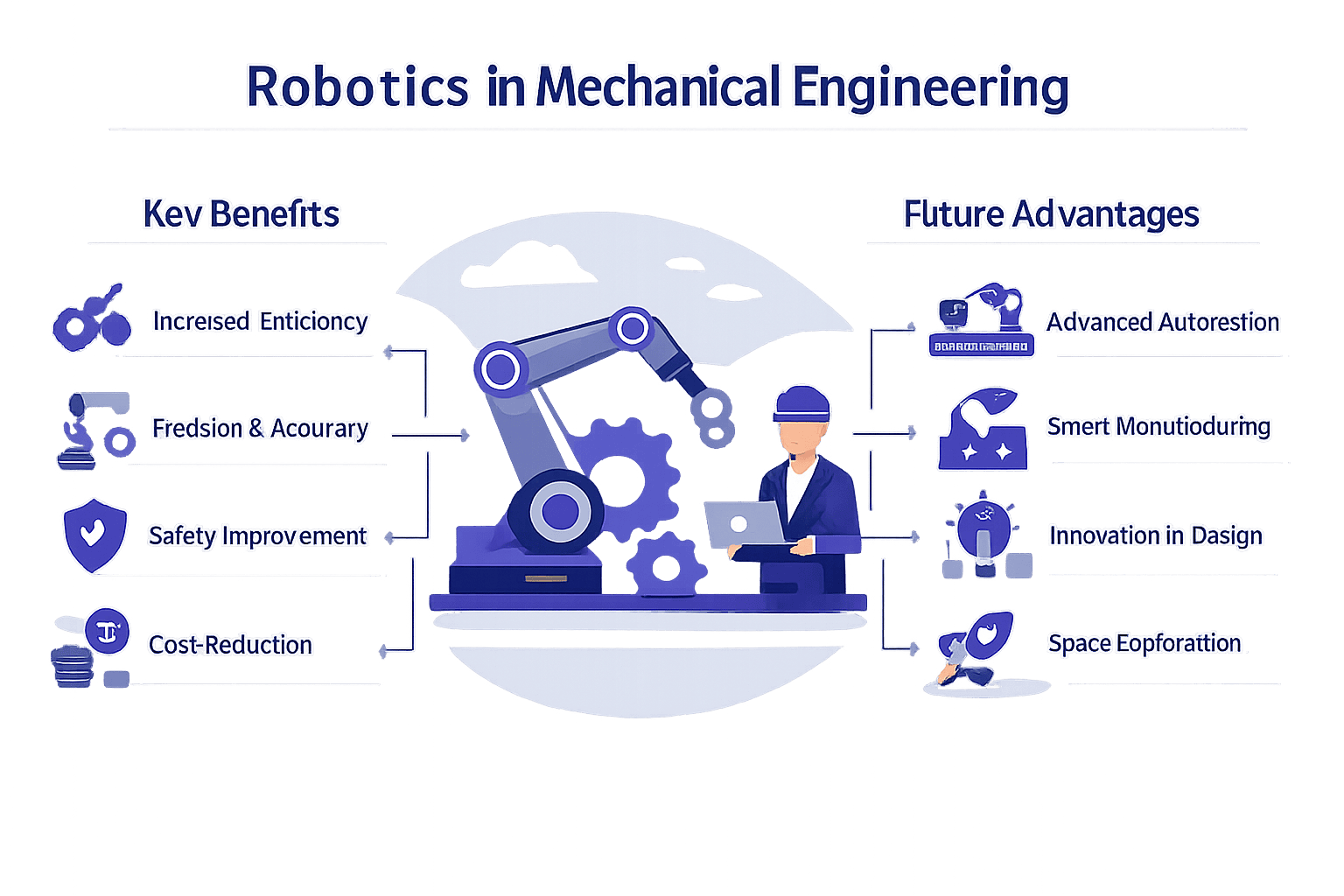 Robotics in Mechanical Engineering infographic highlighting the benefits and future advantages, make the background have a transparent overlay to give added effect
