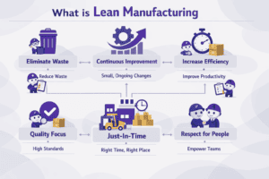 what is Lean Manufacturing,  an infographic with little mascots highlighting key points 

Abstract overlay for the background to make it more graphical and appealing