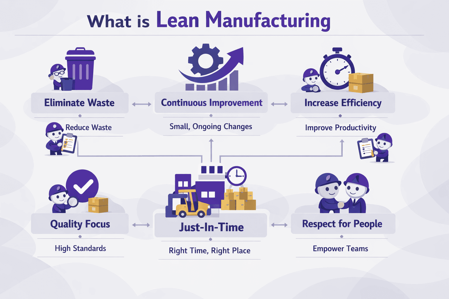 what is Lean Manufacturing, an infographic with little mascots highlighting key points Abstract overlay for the background to make it more graphical and appealing